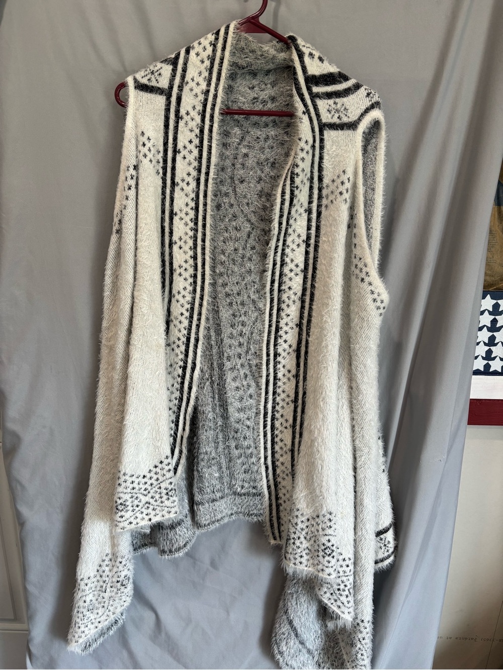 Open-Front Fuzzy Fair Isle Knit Vest - Cream & Black